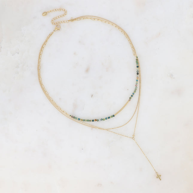 Collier 3 rangs - pierres naturelles avec tube strié, maille fine gourmette, forçat style Y avec croix