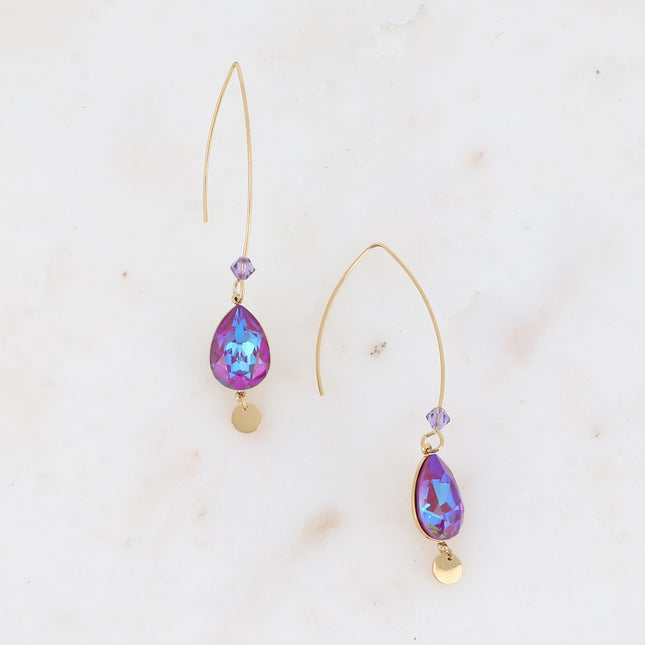 Boucles pendantes - long crochet orné de cristaux de Swarovski® goutte 10x14mm et toupie