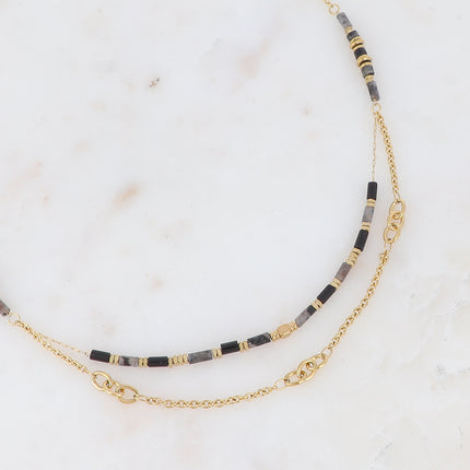 Two-strand necklace - alternating links and natural stones