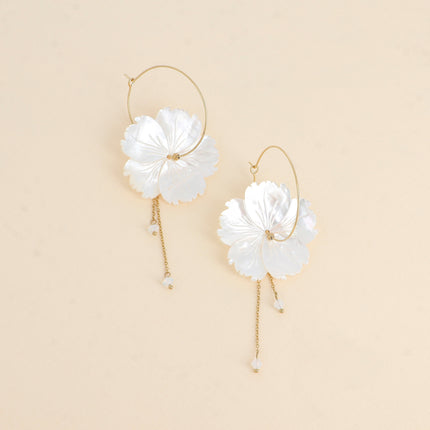 Creole earrings - mother-of-pearl flower 38mm with bicone crystals