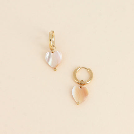Mini hoop earrings - beige pearly heart