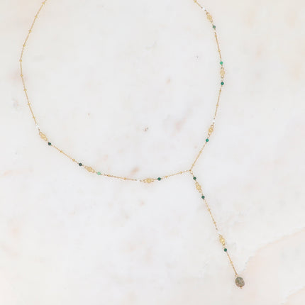 Collier Y - pièces rondes avec étoiles gravées et pierres naturelles