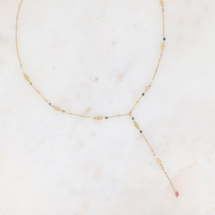 Collier Y - pièces rondes avec étoiles gravées et pierres naturelles