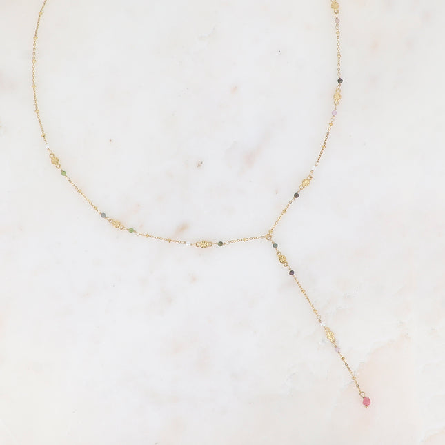 Y-shaped necklace - round pieces with engraved stars and natural stones