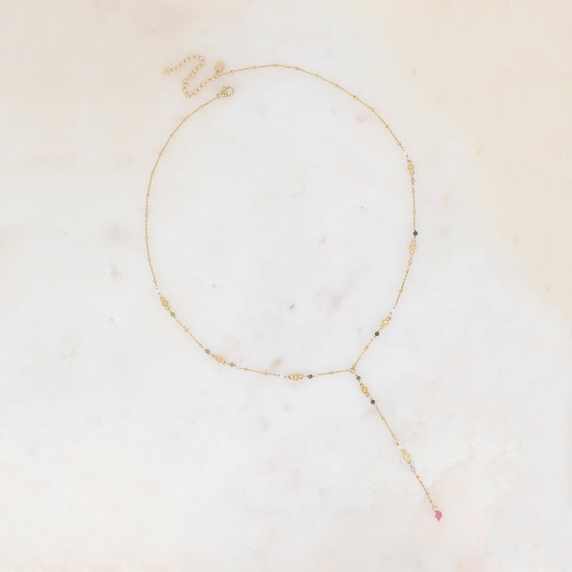 Y-shaped necklace - round pieces with engraved stars and natural stones