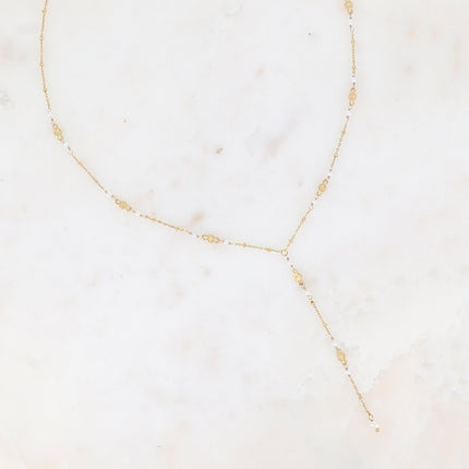 Collier Y - pièces rondes avec étoiles gravées et perles d'eau douce