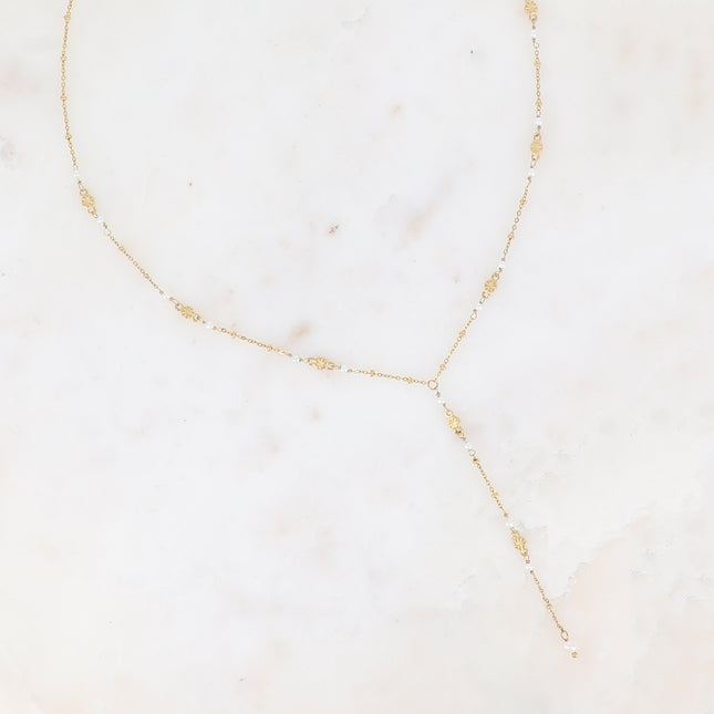 Collier Y - pièces rondes avec étoiles gravées et perles d'eau douce