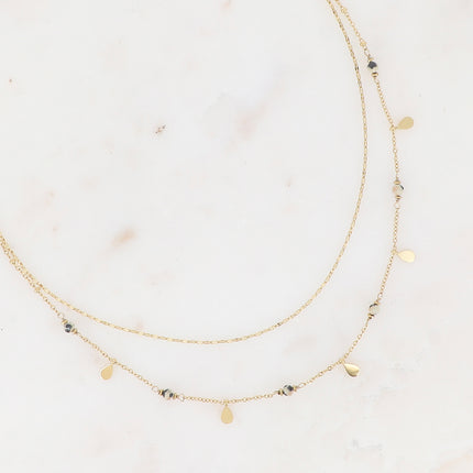 Collier 2 rangs Séléné - maille café plat, boules avec pampilles gouttes et pierres naturelles rondes