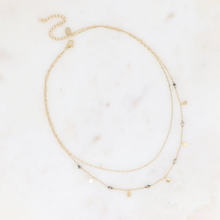 Collier 2 rangs Séléné - maille café plat, boules avec pampilles gouttes et pierres naturelles rondes