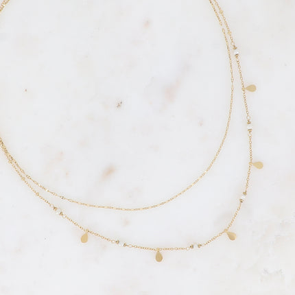 Collier 2 rangs Séléné - maille café plat, boules avec pampilles gouttes et pierres naturelles rondes