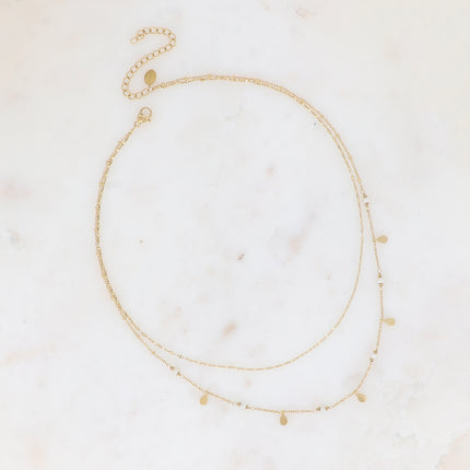 Collier 2 rangs Séléné - maille café plat, boules avec pampilles gouttes et pierres naturelles rondes
