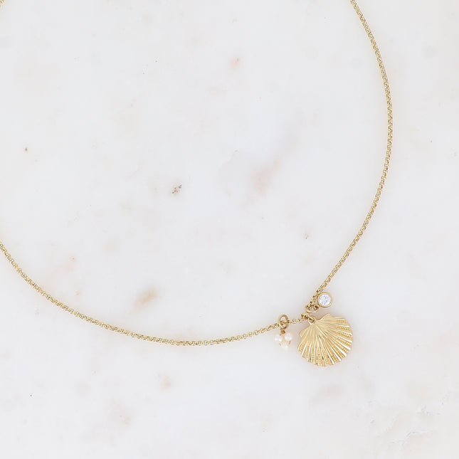 Noa-Lis Necklace - textured shell pendant, freshwater pearls and round crystal