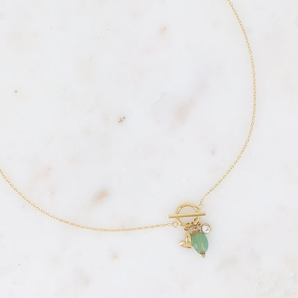 Collier - anneau et barre, 3 breloques, coeur, cristal taillé et pierre naturelle ovale