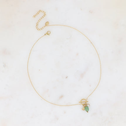 Collier - anneau et barre, 3 breloques, coeur, cristal taillé et pierre naturelle ovale