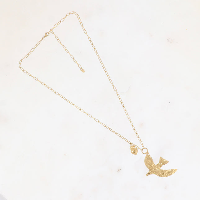 Necklace - large textured bird and small heart