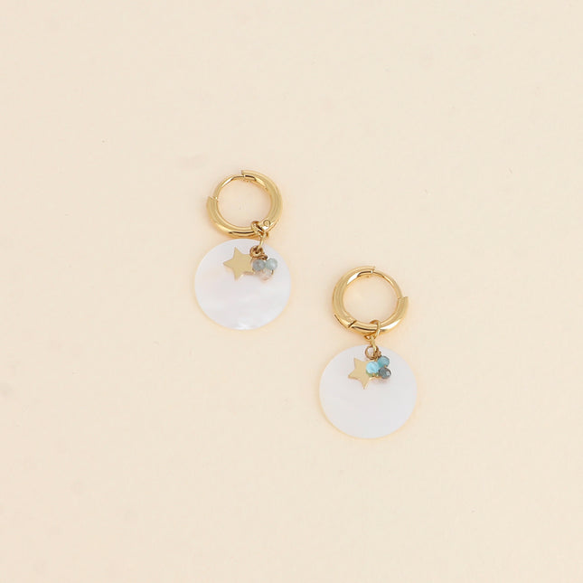 Aroha Creole earrings - round mother-of-pearl piece, natural stones and star-shaped disc