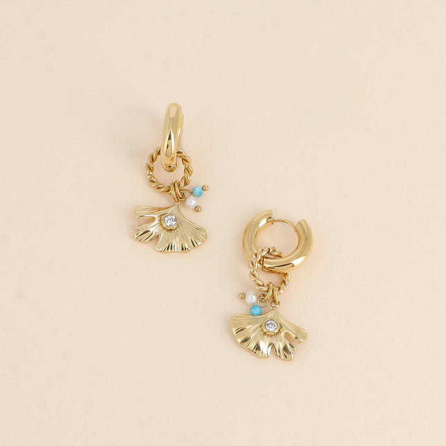 Créoles Lani - ginko avec cristal, pâte de verre et perle d'eau douce