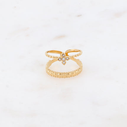Bague  - 2 rangs effet milgrain et trèfle en 4 cristaux