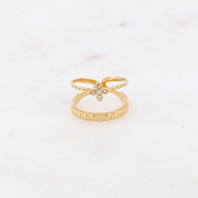 Bague  - 2 rangs effet milgrain et trèfle en 4 cristaux