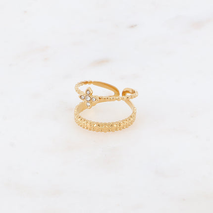 Bague  - 2 rangs effet milgrain et trèfle en 4 cristaux