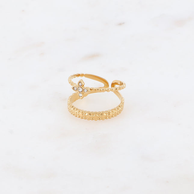 Bague  - 2 rangs effet milgrain et trèfle en 4 cristaux