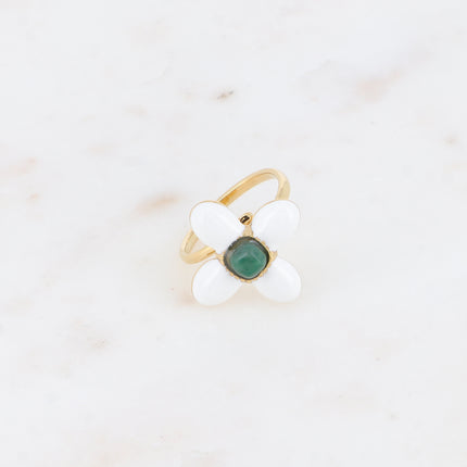 Bague fine - trèfle en émail et pierre naturelle carrée