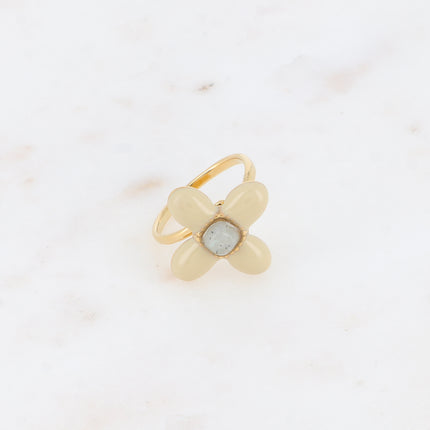 Bague fine - trèfle en émail et pierre naturelle carrée