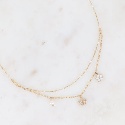 Collier 2 rangs - maille avec émail, anneaux ovales et 3 pendentifs (fleur, diadème de cristaux, perle d'eau douce)