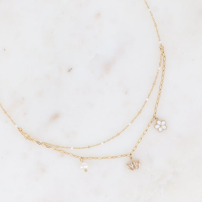Collier 2 rangs - maille avec émail, anneaux ovales et 3 pendentifs (fleur, diadème de cristaux, perle d'eau douce)
