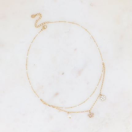 Collier 2 rangs - maille avec émail, anneaux ovales et 3 pendentifs (fleur, diadème de cristaux, perle d'eau douce)