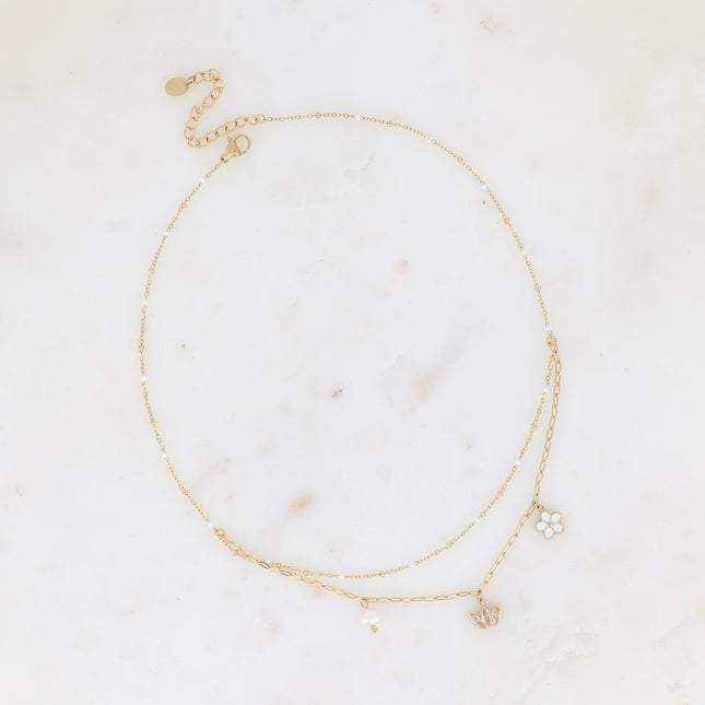 Collier 2 rangs - maille avec émail, anneaux ovales et 3 pendentifs (fleur, diadème de cristaux, perle d'eau douce)