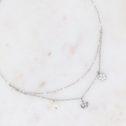 Collier 2 rangs - maille avec émail, anneaux ovales et 3 pendentifs (fleur, diadème de cristaux, perle d'eau douce)