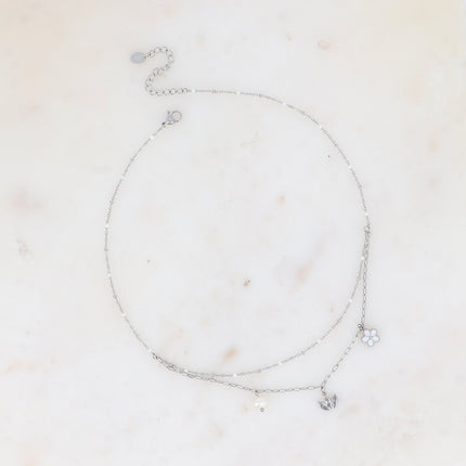 Collier 2 rangs - maille avec émail, anneaux ovales et 3 pendentifs (fleur, diadème de cristaux, perle d'eau douce)