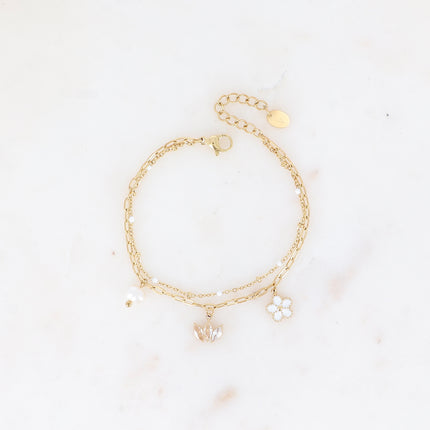 Bracelet 2 rangs - maille avec émail, anneaux ovales et 3 pendentifs (fleur, diadème de cristaux, perle d'eau douce)