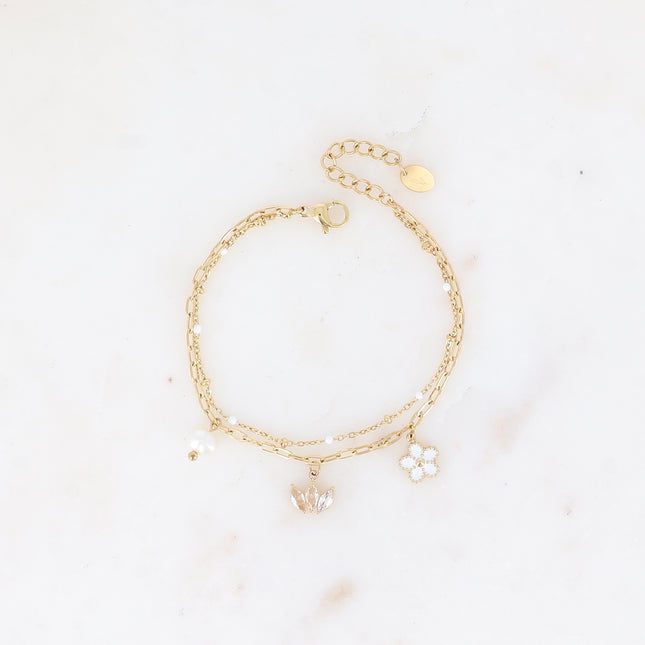 Bracelet 2 rangs - maille avec émail, anneaux ovales et 3 pendentifs (fleur, diadème de cristaux, perle d'eau douce)
