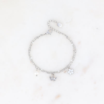 Bracelet 2 rangs - maille avec émail, anneaux ovales et 3 pendentifs (fleur, diadème de cristaux, perle d'eau douce)