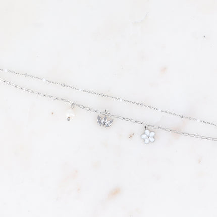 Bracelet 2 rangs - maille avec émail, anneaux ovales et 3 pendentifs (fleur, diadème de cristaux, perle d'eau douce)