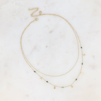 Collier 2 rangs Séléné - maille café plat, boules avec pampilles gouttes et pierres naturelles rondes