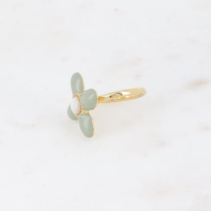 Bague fine - trèfle en émail et pierre naturelle carrée