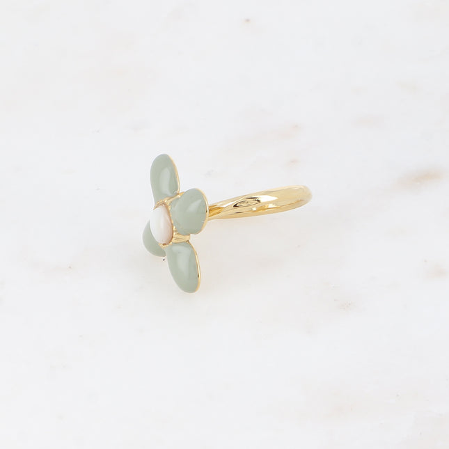 Bague fine - trèfle en émail et pierre naturelle carrée