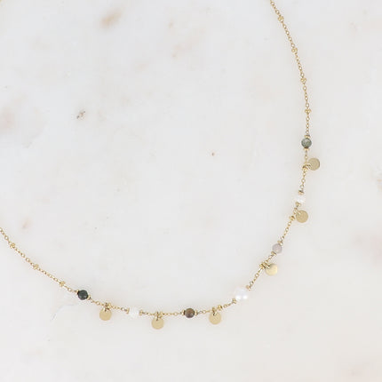 Collier - pastilles rondes, pierres naturelles et perle d'eau douce