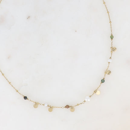 Collier - pastilles rondes, pierres naturelles et perle d'eau douce