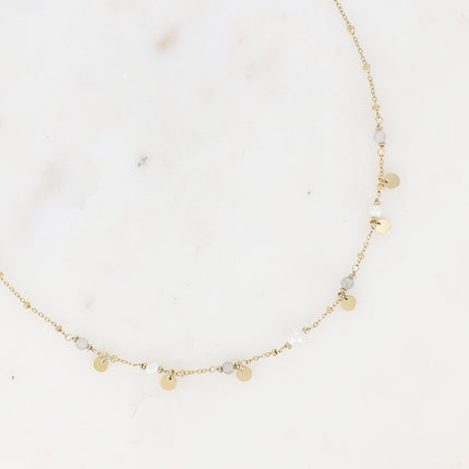 Collier - pastilles rondes, pierres naturelles et perle d'eau douce