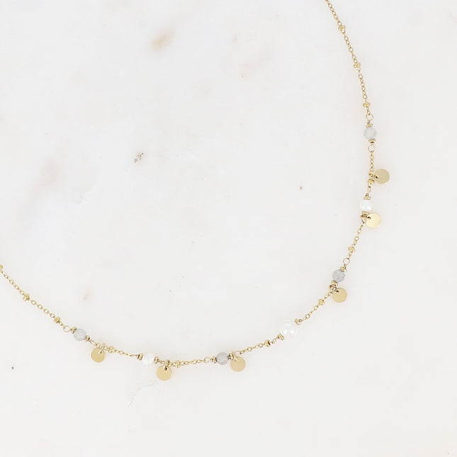 Collier - pastilles rondes, pierres naturelles et perle d'eau douce