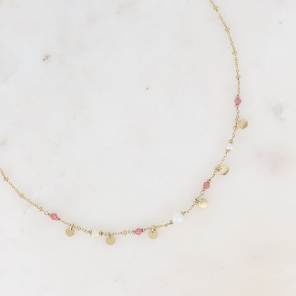 Collier - pastilles rondes, pierres naturelles et perle d'eau douce