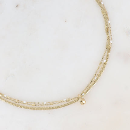 Collier 3 rangs Mériane - anneau avec maille grain de café émaillée, forçat et tubes et miroir