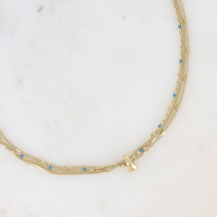 Collier 3 rangs Mériane - anneau avec maille grain de café émaillée, forçat et tubes et miroir