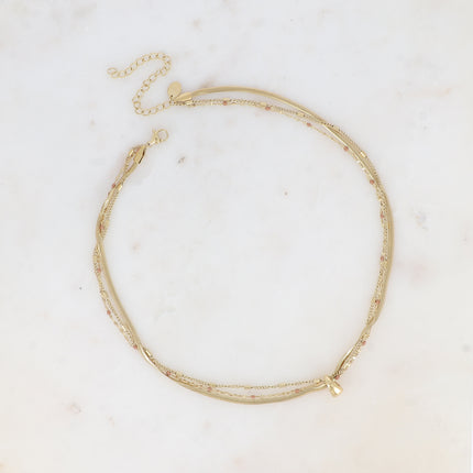 Collier 3 rangs Mériane - anneau avec maille grain de café émaillée, forçat et tubes et miroir