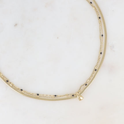 Collier 3 rangs Mériane - anneau avec maille grain de café émaillée, forçat et tubes et miroir