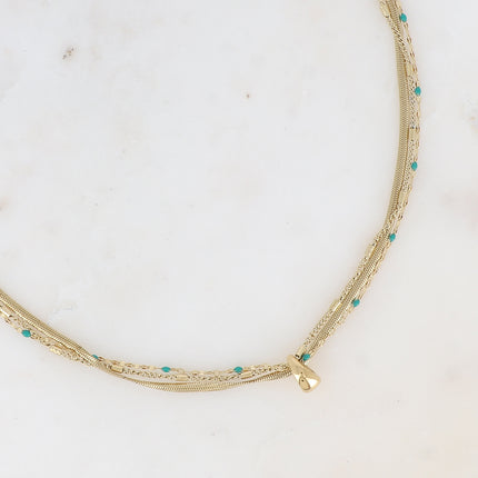 Collier 3 rangs Mériane - anneau avec maille grain de café émaillée, forçat et tubes et miroir